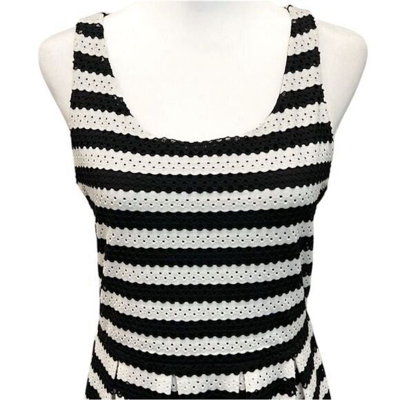 ELLE Eyelet Fit & Flare Mini Dress Striped Sleeveless Stretchy Black White 10 - Picture 2 of 14